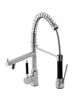 Kitchen mixer with a fixed first water outlet and a second movable outlet with a flexible mixer bridge and two zippers for water flow.