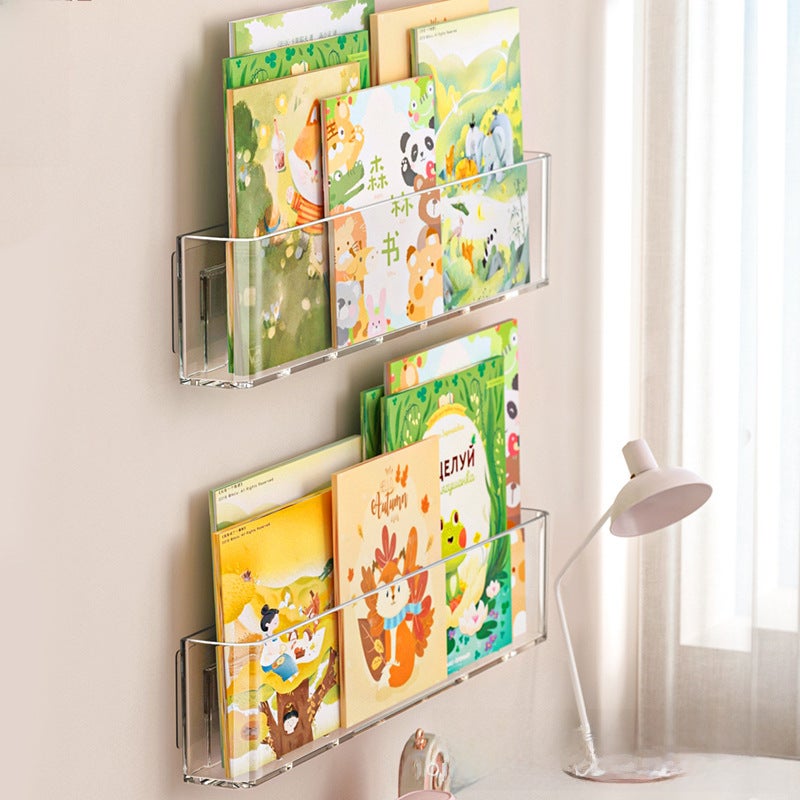 Acrylic wall-mounted picture book display stand transparent simple punch-free wall aisle Oxford Tree Magazine Children's bookshelf(Single Pack [free traceless stickers], Wall-mounted picture book display stand) - Image 3