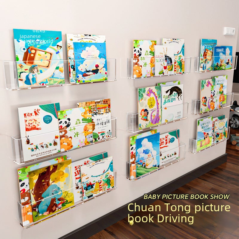 Acrylic wall-mounted picture book display stand transparent simple punch-free wall aisle Oxford Tree Magazine Children's bookshelf(Single Pack [free traceless stickers], Wall-mounted picture book display stand) - Image 4