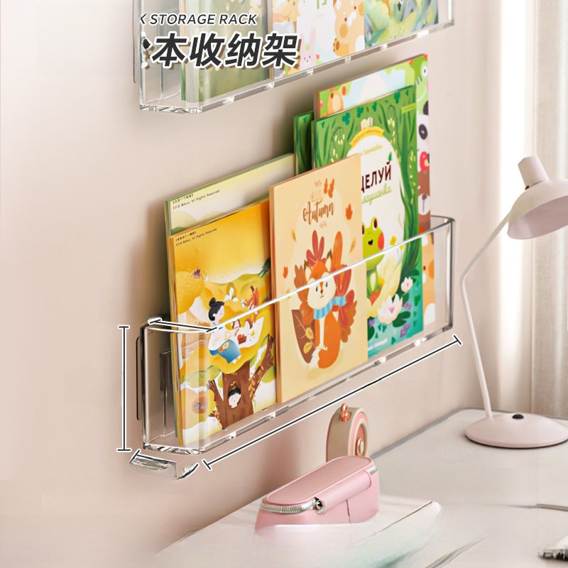 Acrylic wall-mounted picture book display stand transparent simple punch-free wall aisle Oxford Tree Magazine Children's bookshelf(Single Pack [free traceless stickers], Wall-mounted picture book display stand) - Image 1