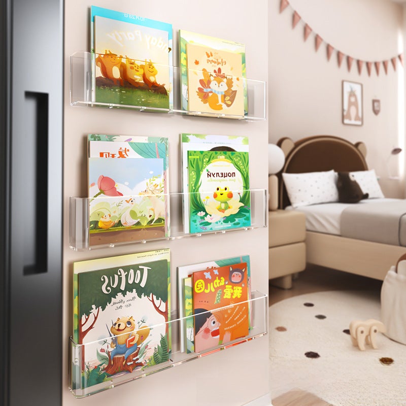 Acrylic wall-mounted picture book display stand transparent simple punch-free wall aisle Oxford Tree Magazine Children's bookshelf(Single Pack [free traceless stickers], Wall-mounted picture book display stand) - Image 5
