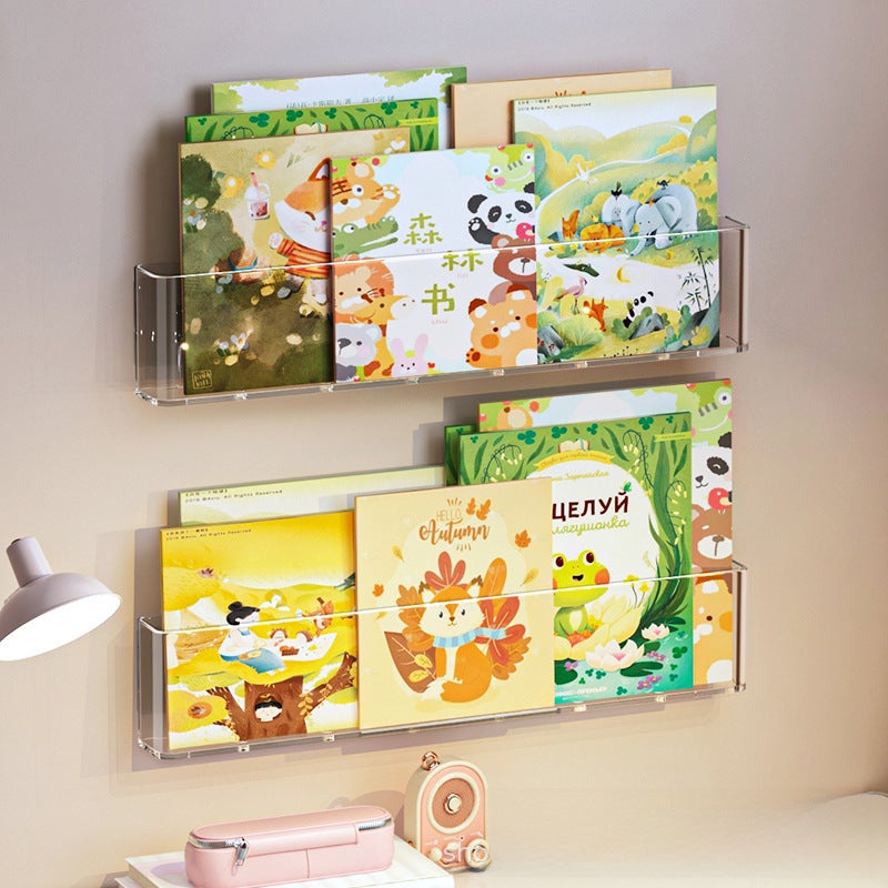 Acrylic wall-mounted picture book display stand transparent simple punch-free wall aisle Oxford Tree Magazine Children's bookshelf(Single Pack [free traceless stickers], Wall-mounted picture book display stand) - Image 2