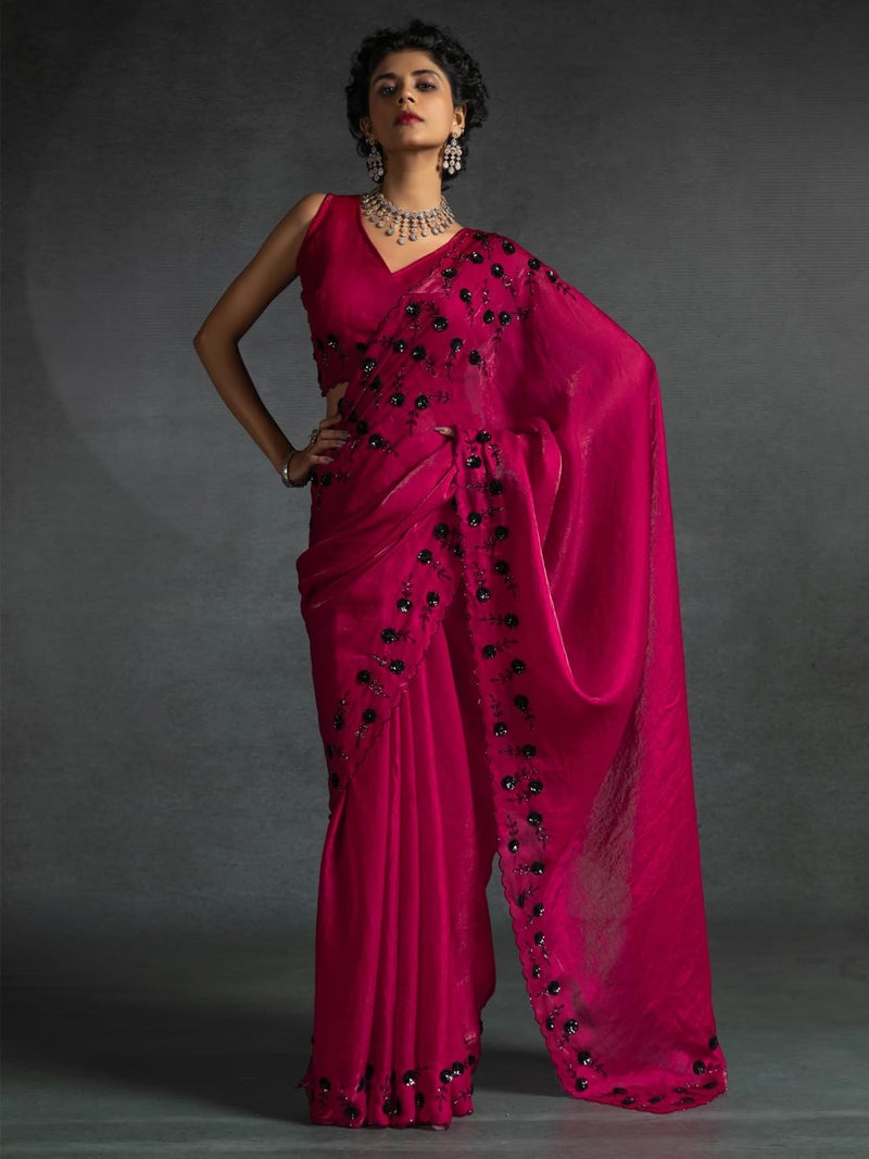 SAREE MALL Women's Pink Satin Silk Sequins Saree With Unstitched Blouse Piece (MORPNKH1099D_MK) - Image 3