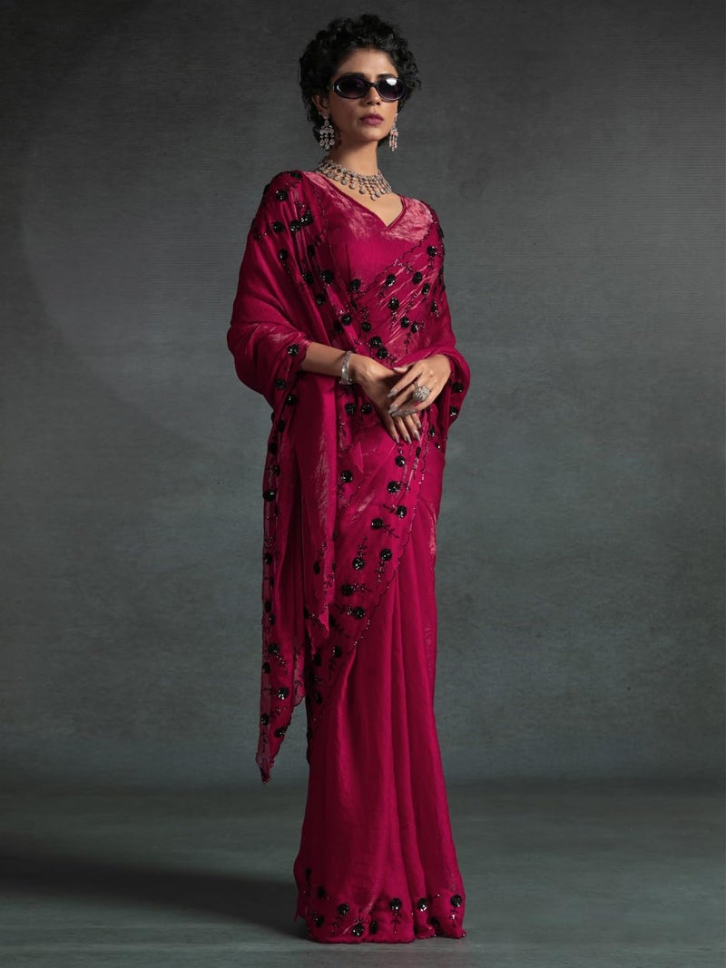 SAREE MALL Women's Pink Satin Silk Sequins Saree With Unstitched Blouse Piece (MORPNKH1099D_MK) - Image 4