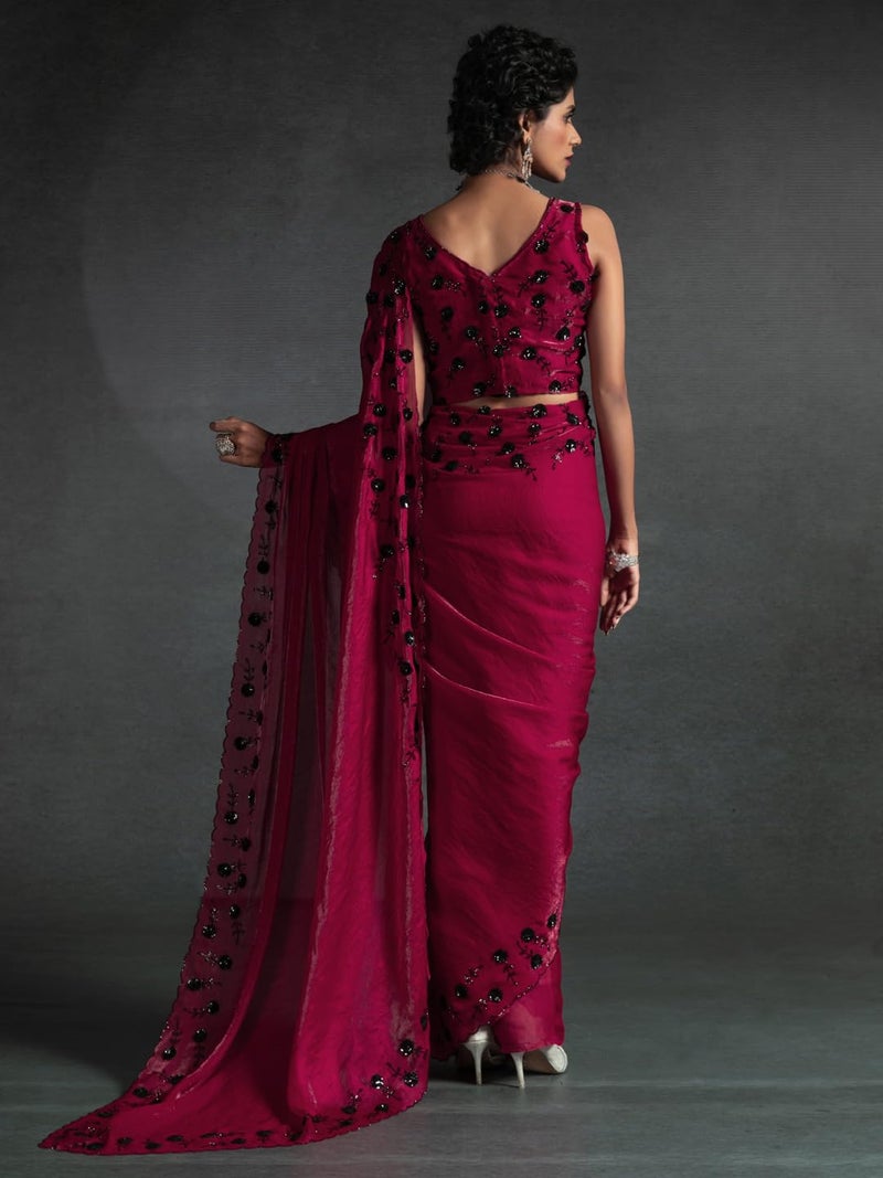 SAREE MALL Women's Pink Satin Silk Sequins Saree With Unstitched Blouse Piece (MORPNKH1099D_MK) - Image 2