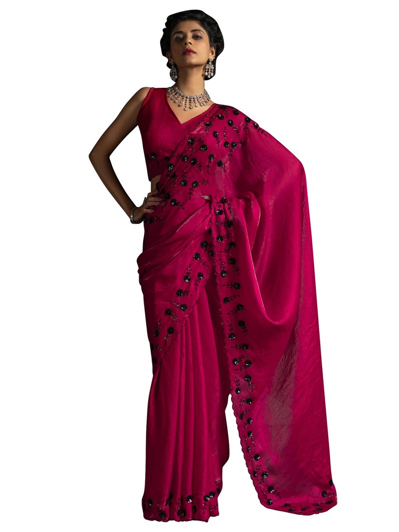 SAREE MALL Women's Pink Satin Silk Sequins Saree With Unstitched Blouse Piece (MORPNKH1099D_MK) - Image 1