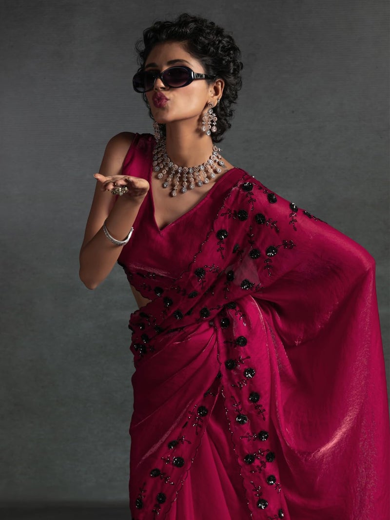 SAREE MALL Women's Pink Satin Silk Sequins Saree With Unstitched Blouse Piece (MORPNKH1099D_MK) - Image 5