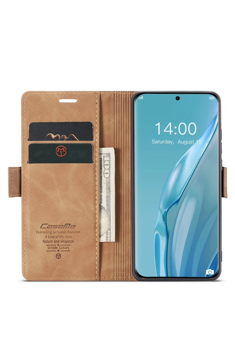 CaseMe Huawei pura 70 Pro Wallet Case Book Folding Flip Folio Case with Magnetic Kickstand Card Slots Protective Cover - Brown - Image 2