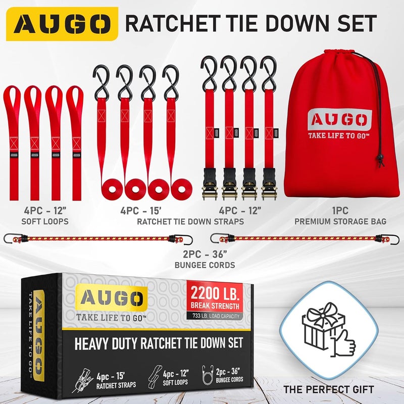 AUGO Heavy Duty Ratchet Tie Down Straps Set - 4 Pack, 15 FT, 2200 LB Break Strength - Image 5
