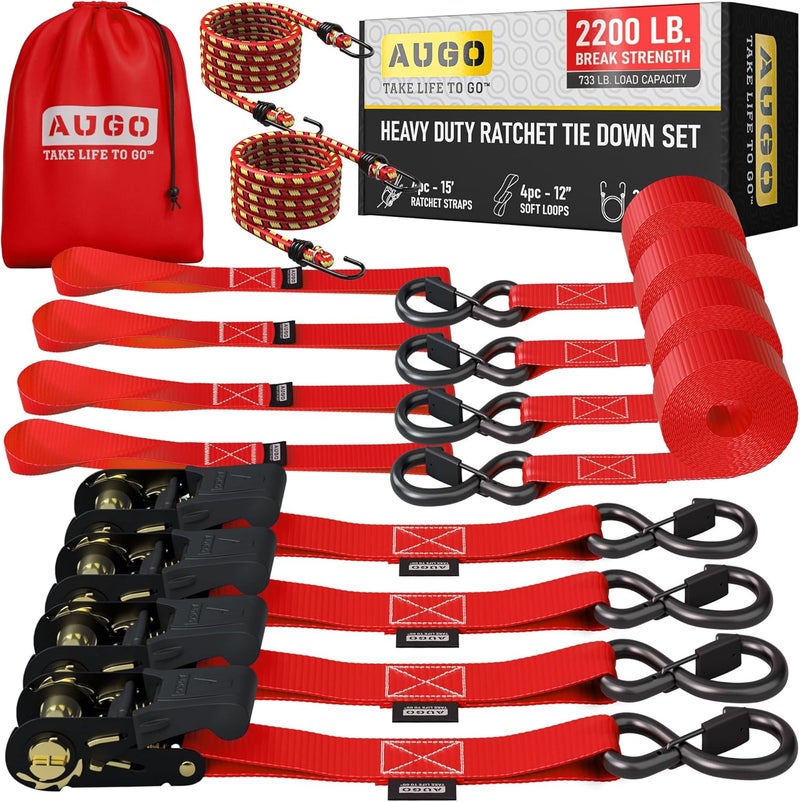 AUGO Heavy Duty Ratchet Tie Down Straps Set - 4 Pack, 15 FT, 2200 LB Break Strength - Image 1