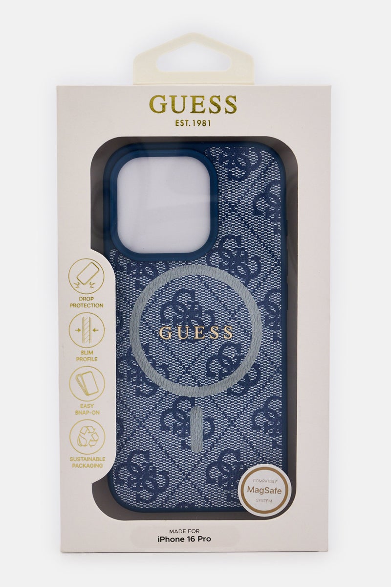 GUESS حافظة صلبة من PU لجهاز iPhone 16 Pro Magsafe 4G مع شعار كلاسيكي، زرقاء - Image 2