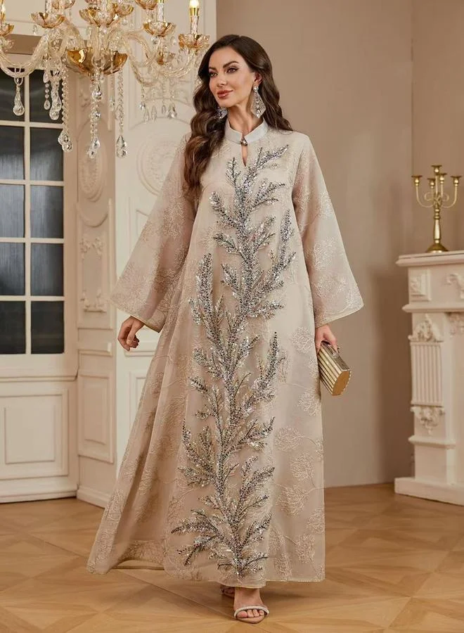 Take Two Beige Maxi Jalabiya with Shimmering Rhinestone Embellishment