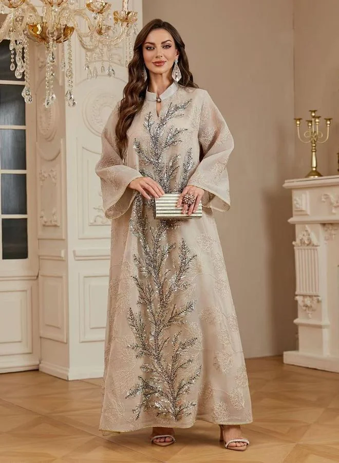 Take Two Beige Maxi Jalabiya with Shimmering Rhinestone Embellishment