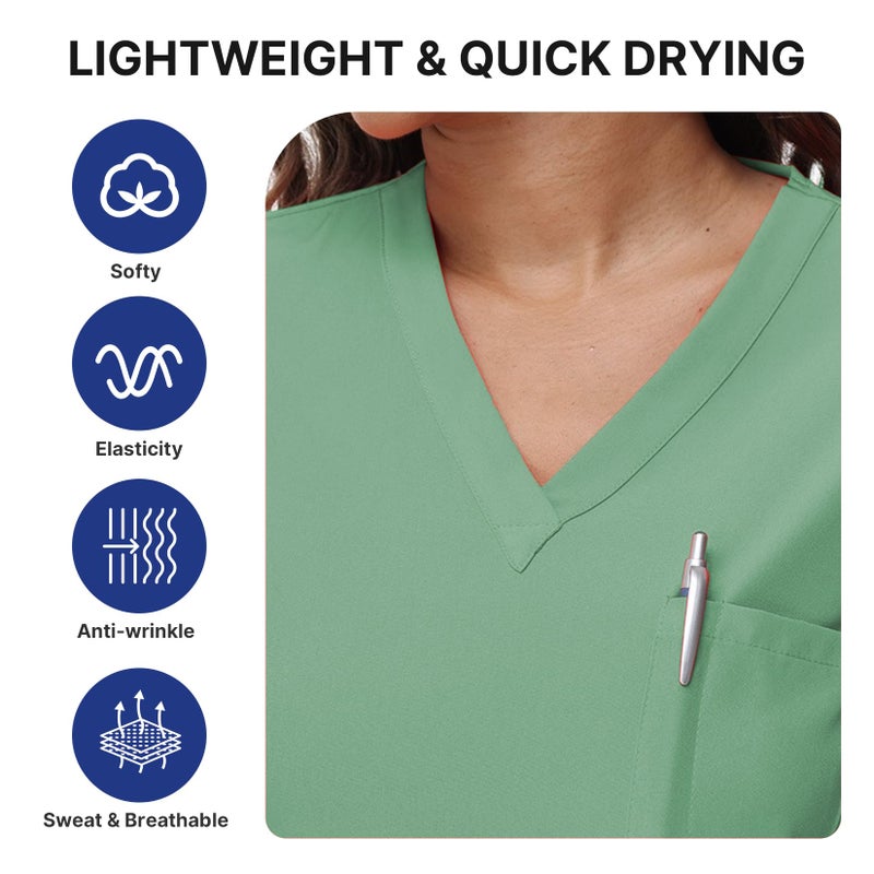 Mizzuco Scrubs Set for Women Nurse Uniform V-Neck Top and Drawstring Jogger Pants with Multi Pocket Nurse Workwear (Light Green, X-Large) - Image 2