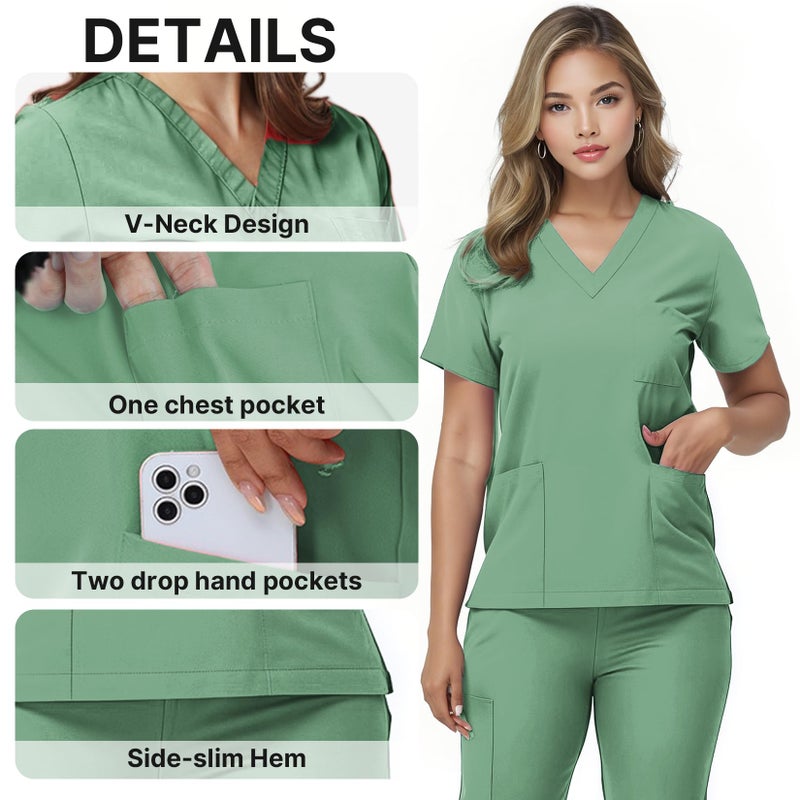 Mizzuco Scrubs Set for Women Nurse Uniform V-Neck Top and Drawstring Jogger Pants with Multi Pocket Nurse Workwear (Light Green, X-Large) - Image 3