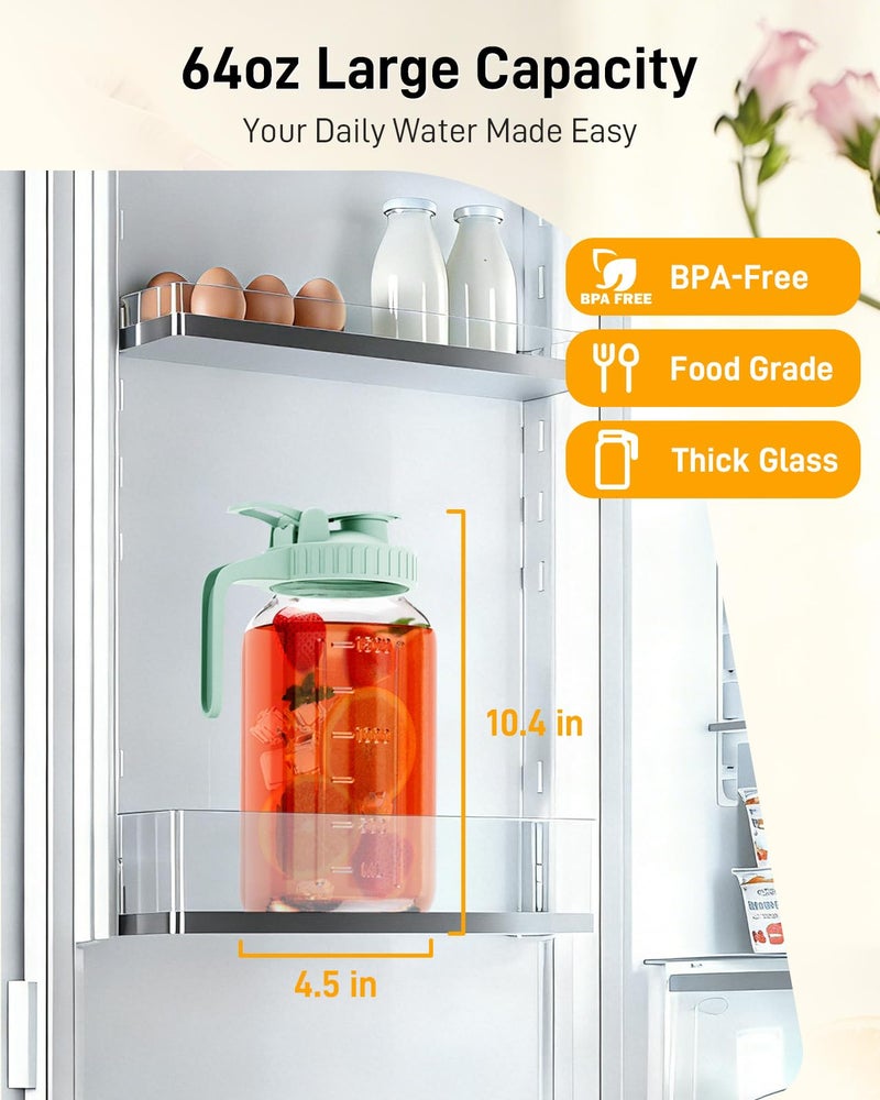 OneDream 64 oz Glass Pitcher with Lid, Large Wide Mouth Mason Jar with Pour Spout, Green Sun Tea Glass Jar for Outside, Drink Pitcher Great for Drink, Cold Beverages and Breast Milk - Image 2