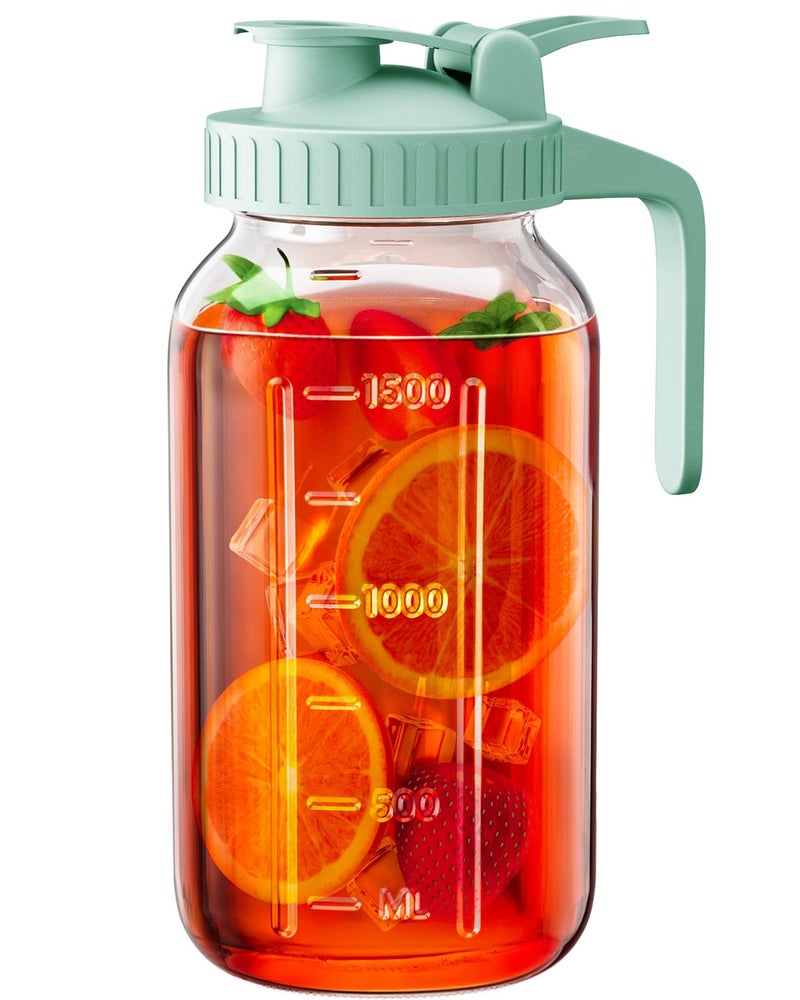 OneDream 64 oz Glass Pitcher with Lid, Large Wide Mouth Mason Jar with Pour Spout, Green Sun Tea Glass Jar for Outside, Drink Pitcher Great for Drink, Cold Beverages and Breast Milk - Image 1