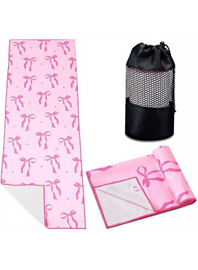 Breling Pink Bow Yoga Mat Towel Preppy Coquette Bow Non Slip Ultra Absorbent Soft Microfiber Hot Yoga Towel 72x 20 Inch for Pilates Fitness Gym Women Birthday Gifts - Image 1