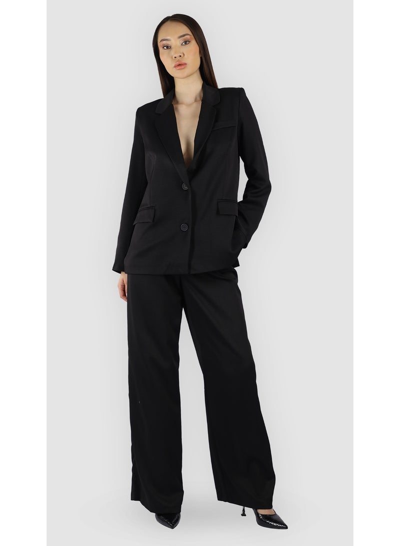 KYVELi Women’s Two-Piece Tailored Suit Set – Buttoned Blazer & Wide-Leg Pants – Black - Image 1
