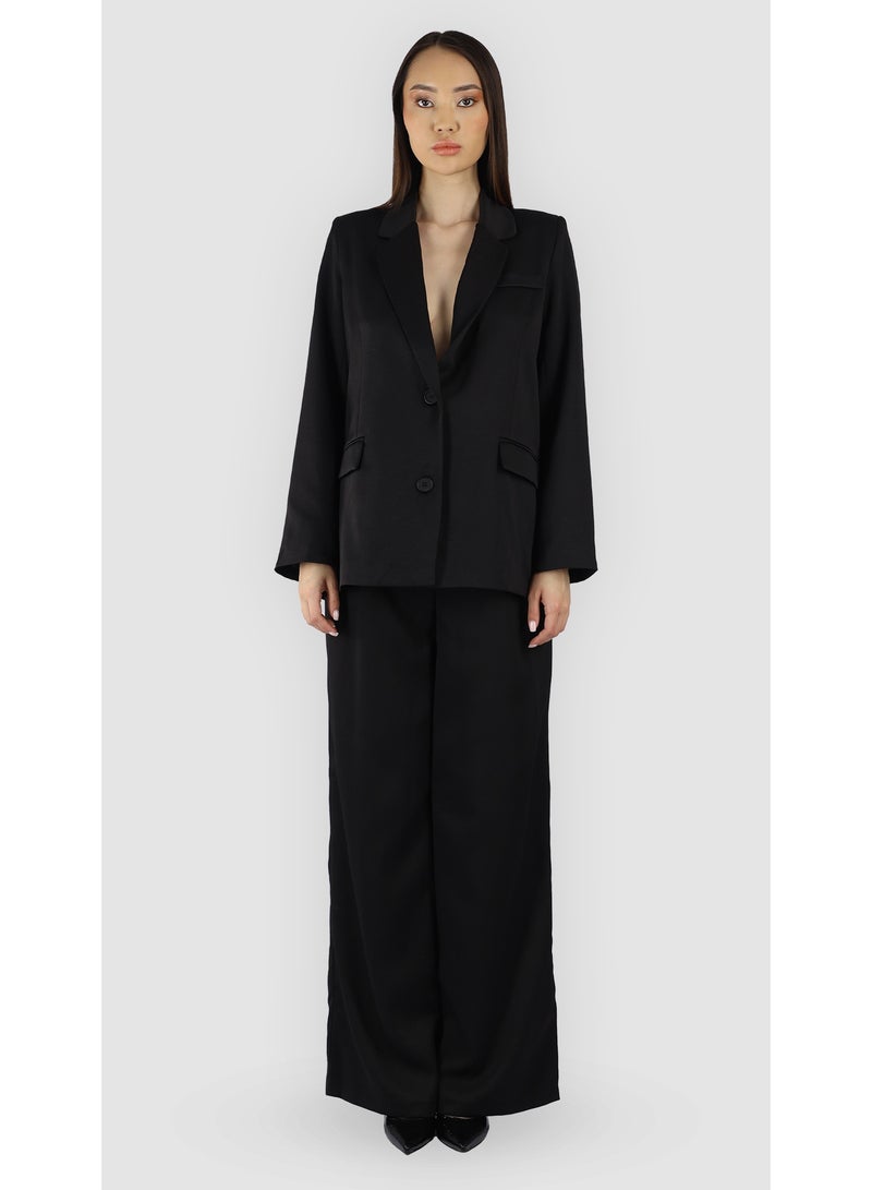 KYVELi Women’s Two-Piece Tailored Suit Set – Buttoned Blazer & Wide-Leg Pants – Black - Image 2
