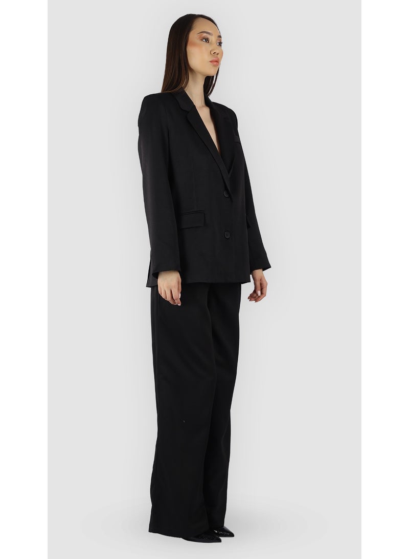 KYVELi Women’s Two-Piece Tailored Suit Set – Buttoned Blazer & Wide-Leg Pants – Black - Image 3