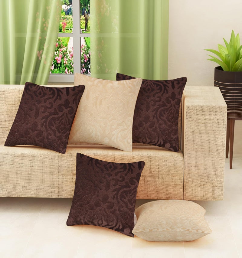 STARNSTYLE Velvet Decorative Cushion Cover 12x12 Inch - Set of 5, Soft Solid Damask Square Throw Pillow Covers for Sofa, Living Room or Home Decor - 30x30 cm Coffee & Beige - Image 1