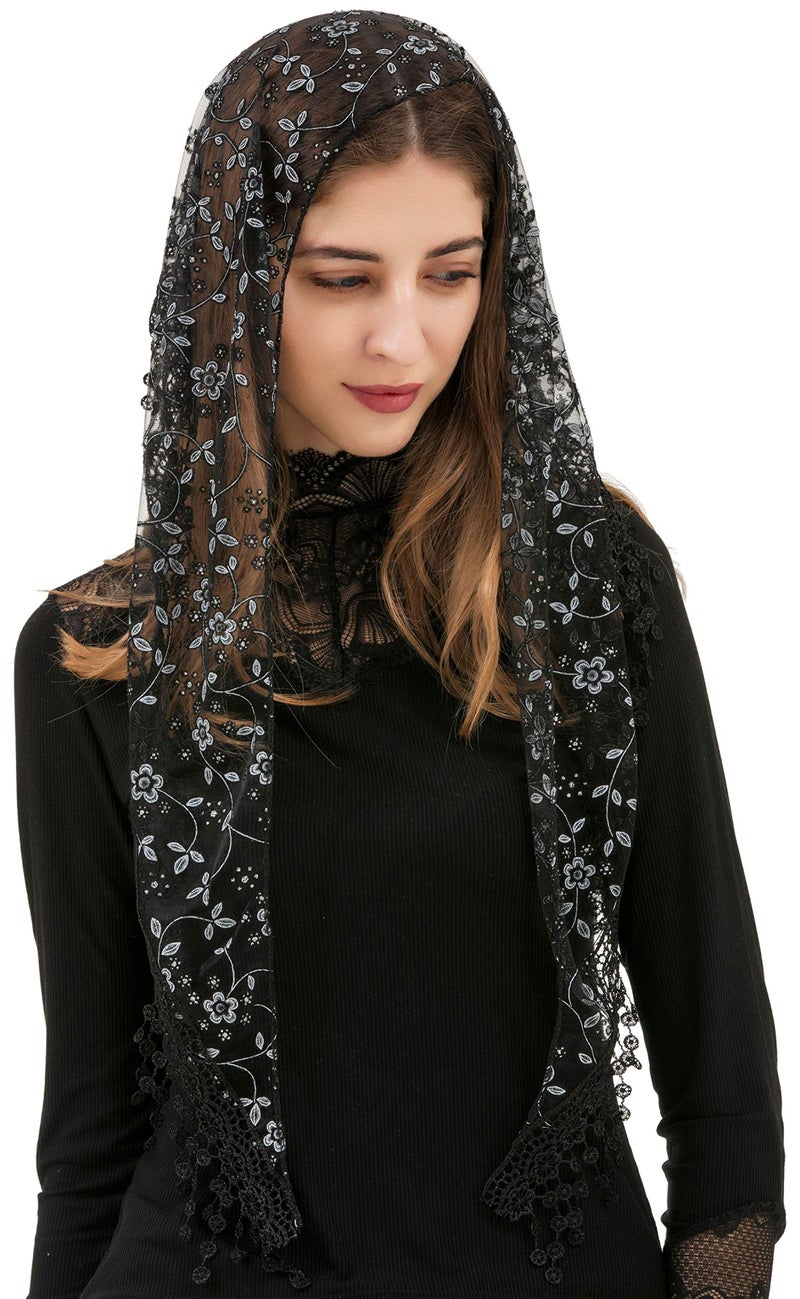 PAMOR Triangle Lace Veil Mantilla Cathedral Head Covering Chapel Veil for Mass Wedding Bridesmaids (Black) - Image 2