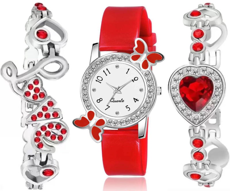 Acnos Polyurethane White Dial Diamond Red Analog Watch Diamond Bracelet For Girl Best Design Butterfly Combo 3 Pack Of 3, Red Band - Image 1