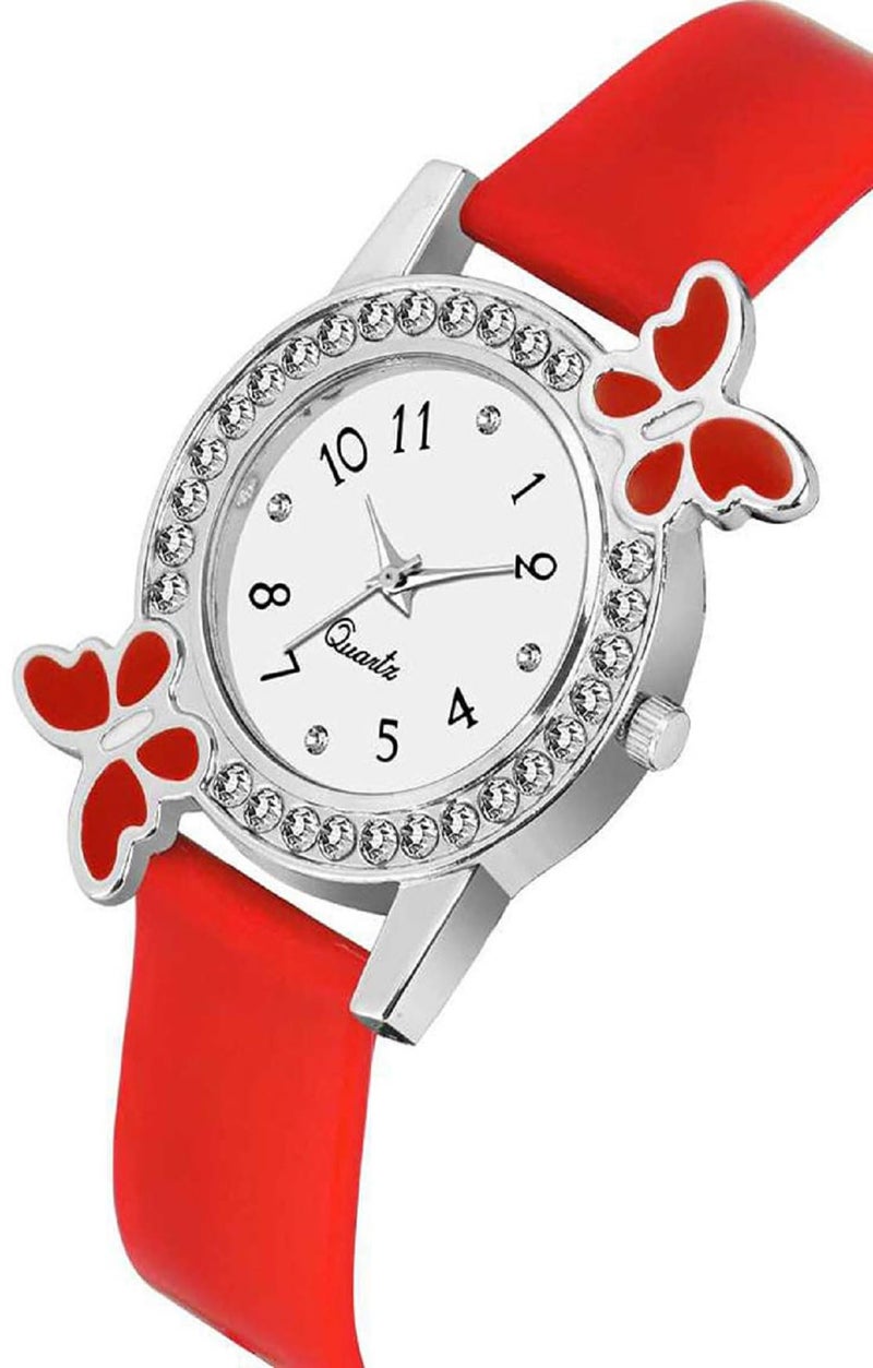 Acnos Polyurethane White Dial Diamond Red Analog Watch Diamond Bracelet For Girl Best Design Butterfly Combo 3 Pack Of 3, Red Band - Image 4