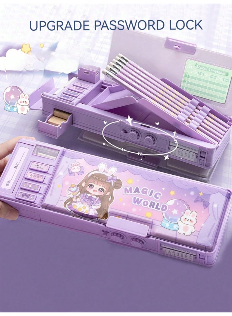 مقلمة مزدوجة الطبقات متعددة الوظائف للأطفال – صندوق أدوات مدرسية بكرتون لطيف يحتوي على قفل سري، مبراة، جدول دراسي، ولوح كتابة | صندوق تخزين كبير للبنات والأولاد، هدية مثالية للمدرسة أو أعياد الميلاد - Image 1