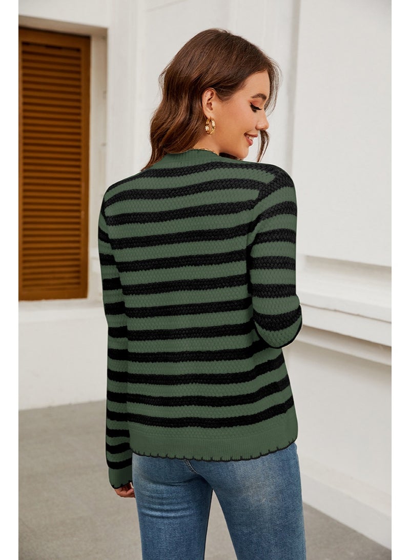 NIBEMINENT Autumn Long Sleeved Sweater Cardigan Women's Round Neck Pullover Casual Loose Striped Lazy Style Sweater Jacket - Image 2