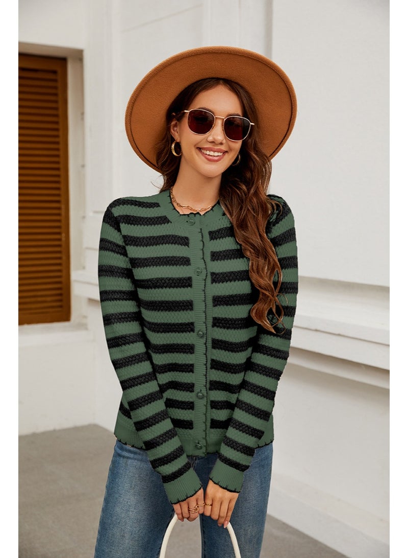 NIBEMINENT Autumn Long Sleeved Sweater Cardigan Women's Round Neck Pullover Casual Loose Striped Lazy Style Sweater Jacket - Image 3