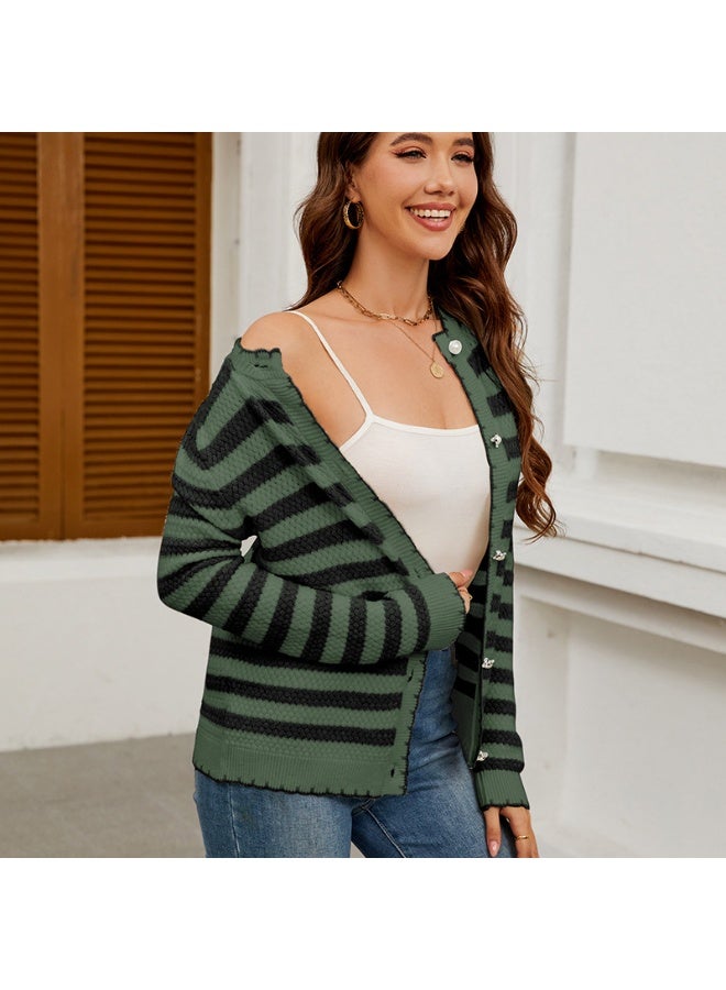 NIBEMINENT Autumn Long Sleeved Sweater Cardigan Women's Round Neck Pullover Casual Loose Striped Lazy Style Sweater Jacket - Image 1