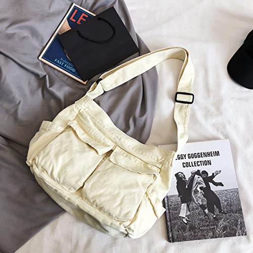 GAXOS Aesthetic Cute Messenger Bag for School Vintage White Canvas Crossbody for Women Shoulder Laptop Bag - Image 2