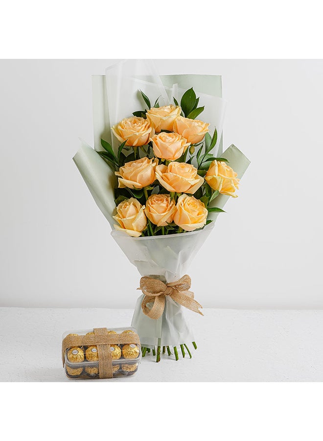 Ferns N Petals Peach Roses Bunch And Ferrero Rocher - Image 1