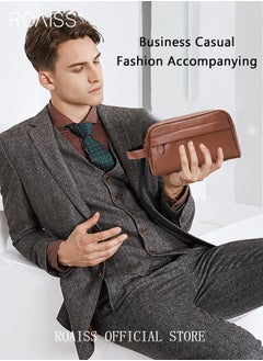 roaiss Business Men Handbag Retro Men Pu Leather Wrist Bag Men Horizontal Commuting Business Bag Large Capacity with Portable Handle  - Image 5