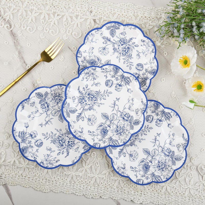 Elyxio 24 Pcs Blue Floral Party Plates 7" Vintage Floral Leaf Disposable Paper Plates Wildflower Blue Toile Small Scalloped Dessert Plates for Birthday Bridal Garden Tea Time Party Supplies - Image 3