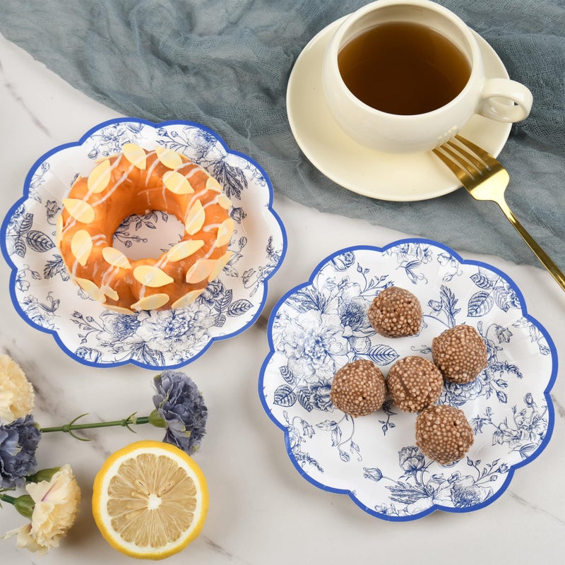 Elyxio 24 Pcs Blue Floral Party Plates 7" Vintage Floral Leaf Disposable Paper Plates Wildflower Blue Toile Small Scalloped Dessert Plates for Birthday Bridal Garden Tea Time Party Supplies - Image 4