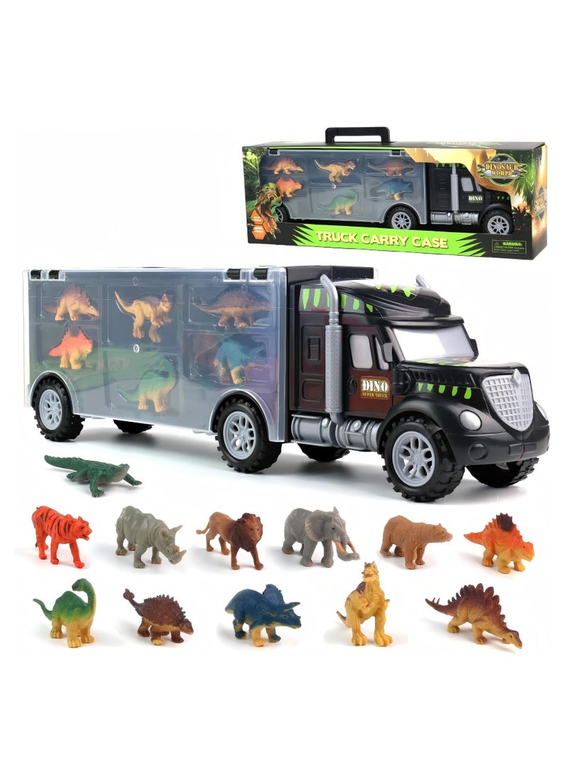 Dinosaur Toys for Boys Girls - Kids Toys Transport Carrier Truck with Dinosaur Toys Animals Toys 12 Pcs Double Side Storage Set Birthday for Kids Boys Girls 3 4 5 6 Years Old  - Image 1