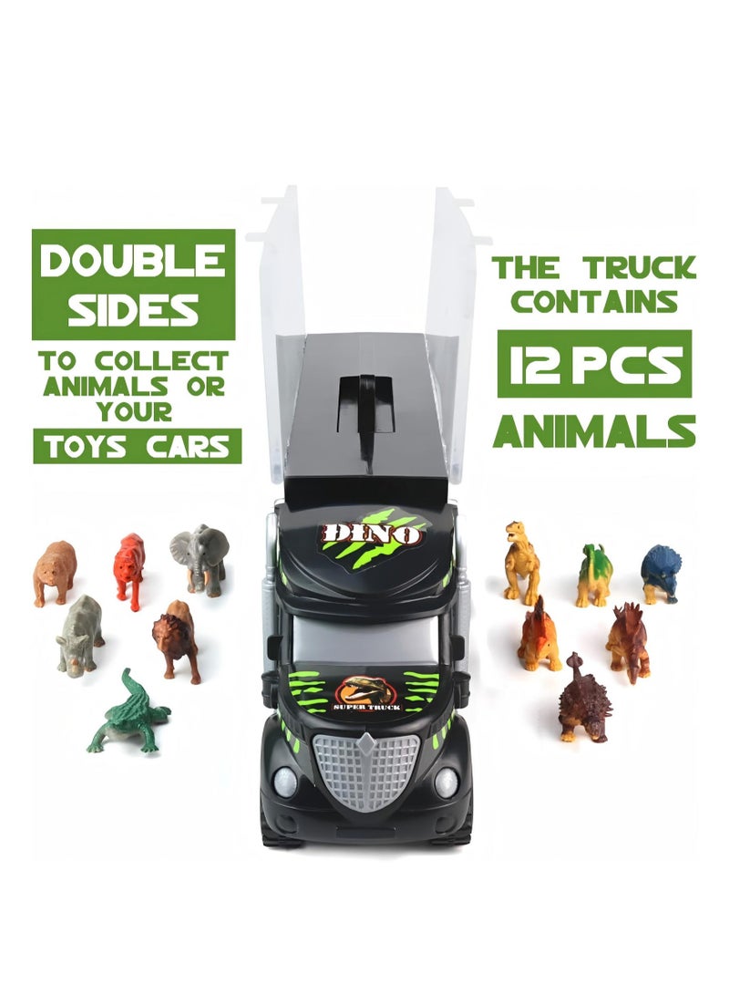 Dinosaur Toys for Boys Girls - Kids Toys Transport Carrier Truck with Dinosaur Toys Animals Toys 12 Pcs Double Side Storage Set Birthday for Kids Boys Girls 3 4 5 6 Years Old  - Image 2