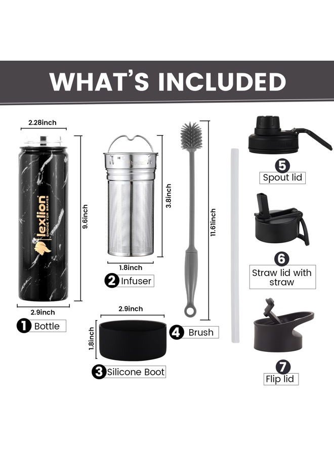 Lexlion Tea Infuser Bottle - Fruit Infuser Water Bottles 22 Oz, Triple Walled Insulated Stainless Steel Bottle, Thermal Leaf Infuser, Silicone Sleeve, 3 Lids Leakproof, Metal Mug Gallon - Image 2