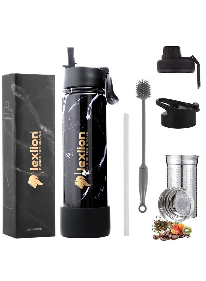 Lexlion Tea Infuser Bottle - Fruit Infuser Water Bottles 22 Oz, Triple Walled Insulated Stainless Steel Bottle, Thermal Leaf Infuser, Silicone Sleeve, 3 Lids Leakproof, Metal Mug Gallon - Image 1