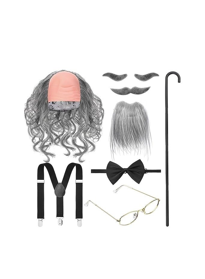 KASTWAVE Old Man Costume for Kids 100 Days of School Costume for Boys with Old Men Wig Beard Plastic Cane Glasses Suspenders and Bow Tie - Image 1