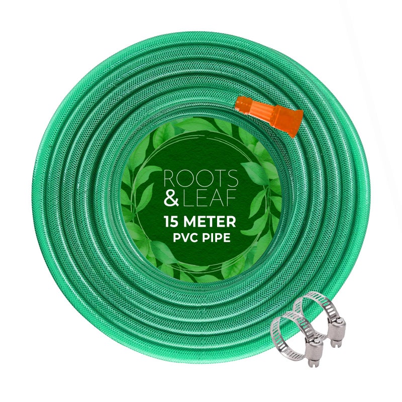 Roots & Leaf 15 Meter 0.5 Inch PVC Water Pipe - Green (1 Pc)| Lightweight, Durable & Flexible| Hose with Accessories Connector & Clamps| Watering Garden, Cleaning, Outdoor-Indoor Use - Image 5