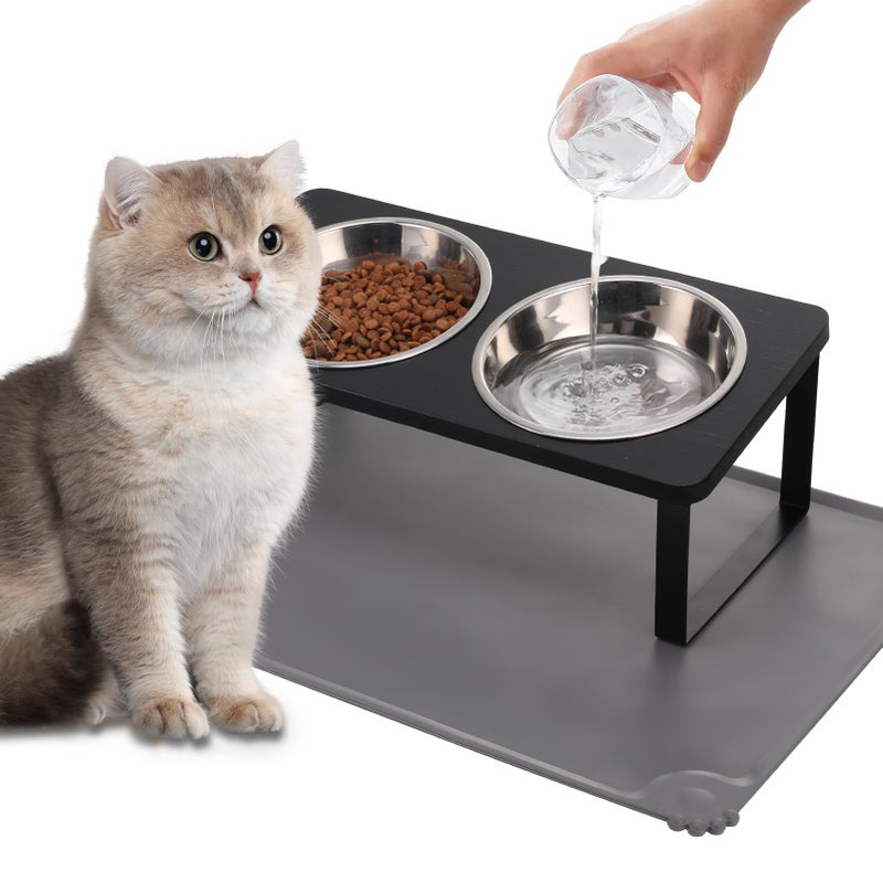 Summark Upgraded Elevated Cat Bowls with Food Mat,15Â°Tilted Stand Anti Vomiting Raised Cat Dishes for Food and Water,2 Stainless Steel Bowls for Cats and Puppyï¼ˆBlackï¼‰ - Image 1