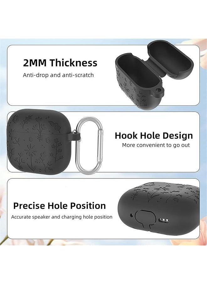 erorex - Flower Engraved Case Compatible For Airpod 4 Airpods 4Th Generation Airpod 4Th Gen Case Cover With Keychain Accessories Silicone Skin Cover Full Protection Front Black - Image 1