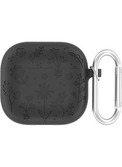 Flower Engraved Case Compatible For Airpod 4 Airpods 4Th Generation Airpod 4Th Gen Case Cover With Keychain Accessories Silicone Skin Cover Full Protection Front Black