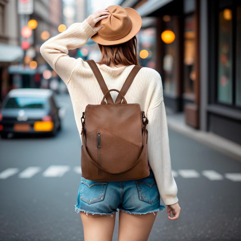 molshine Backpack,Fashion Casual Travel PU Leather Daypack Bag Shoulder Rucksack Handbags for Women HB041 (Brown) - Image 2