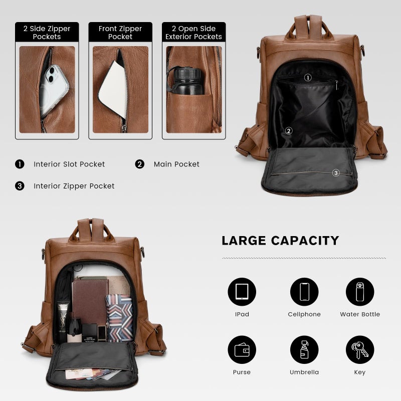 molshine Backpack,Fashion Casual Travel PU Leather Daypack Bag Shoulder Rucksack Handbags for Women HB041 (Brown) - Image 4