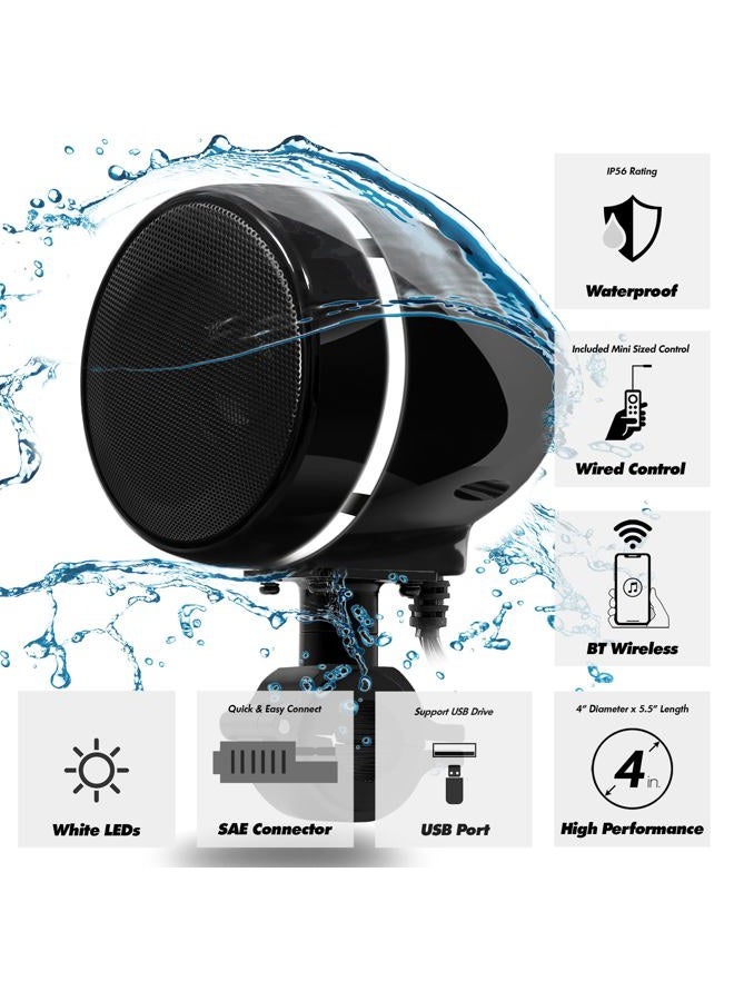 GoHawk AN4-Halo LED 4" All-in-One Built-in Amplifier Waterproof Bluetooth Motorcycle Speakers Audio Stereo System Handlebar Mount MP3 Music Player w/USB AUX for Harley ATV 4 Wheeler - Image 3